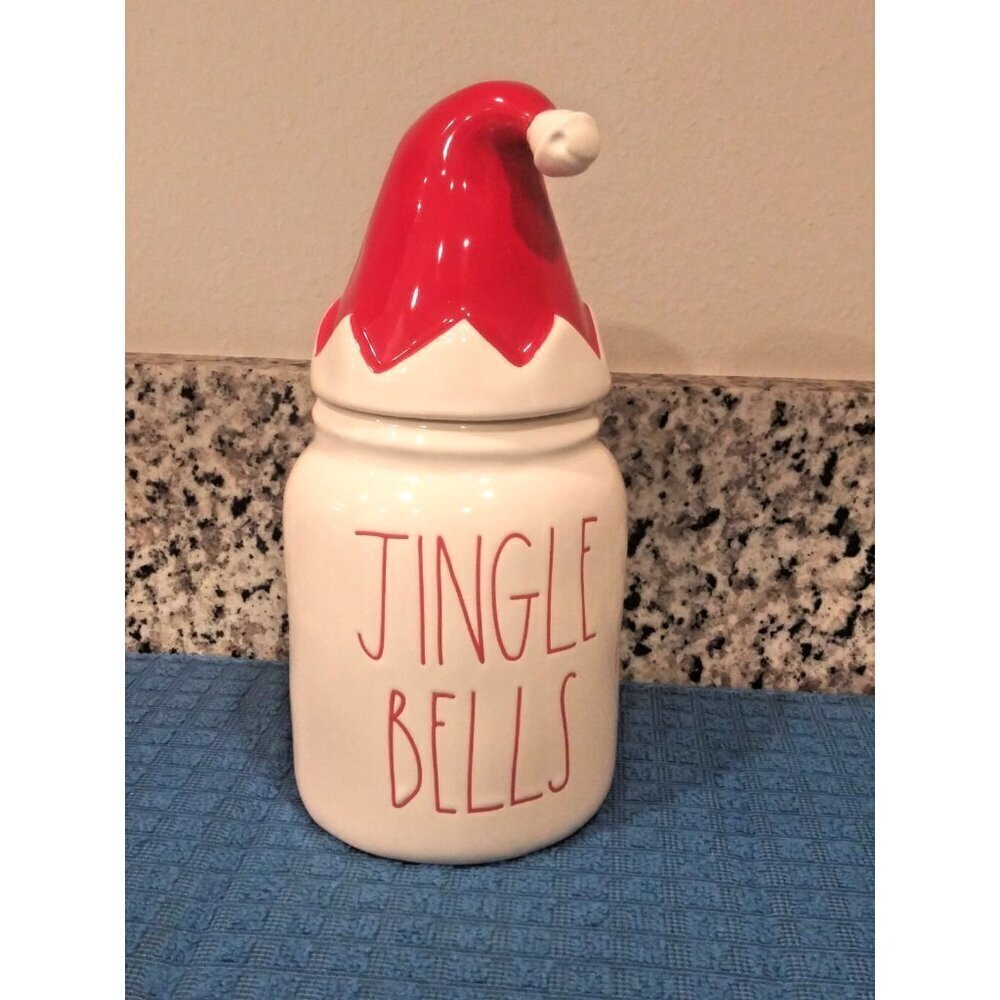 Rae Dunn JINGLE BELLS CANISTER Cookie Jar Santa Elf Hat Holiday Christmas EUC 9"